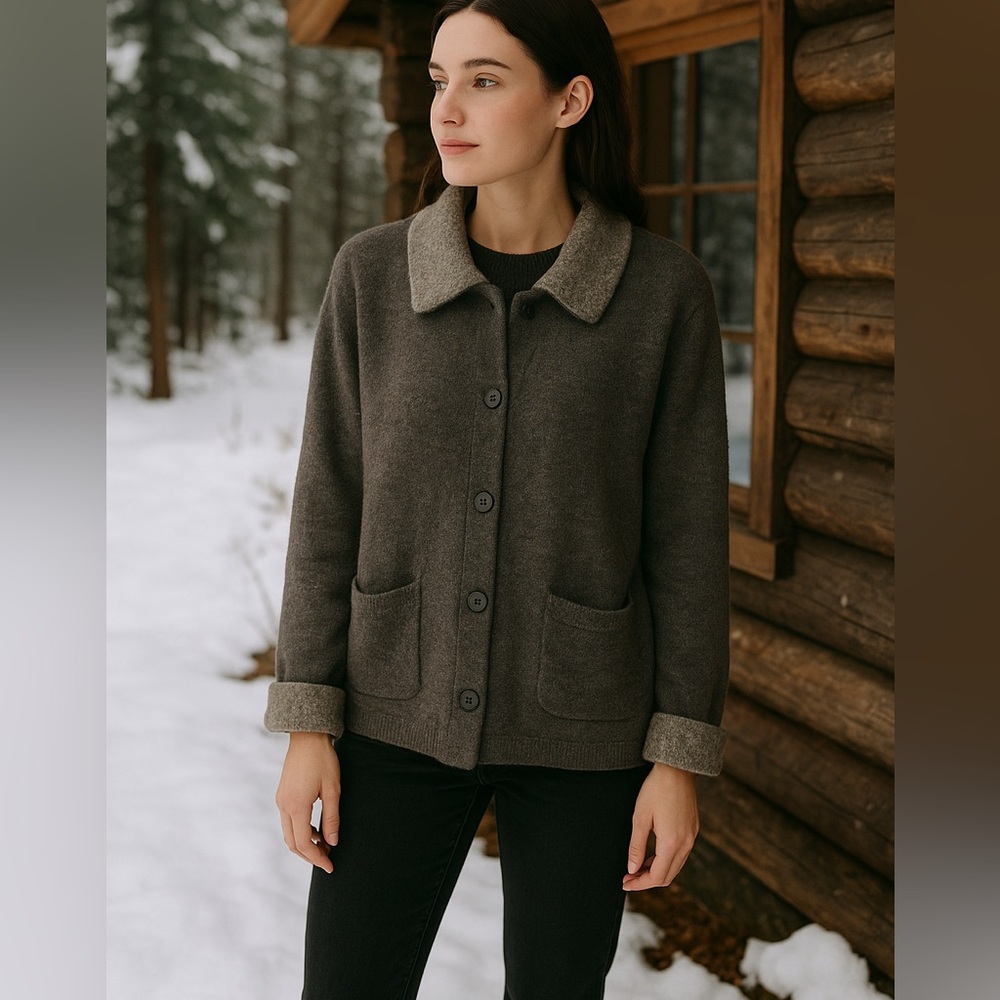 Marconi Women’s Gray Wool Blend Cardigan Large Wool Blend Cabin Cozy Boyfriend